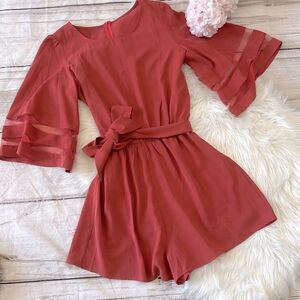 Women Casual Short Sleeves Self-Tie Belted Short Romper Jumpsuits Size Large